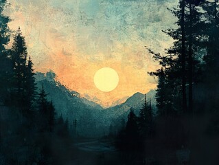 Sunset Over Mountains and Forest: A Serene Landscape