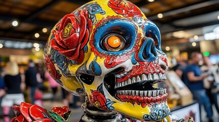Fototapeta premium Luminous Sugar Skull with Colorful Floral Design