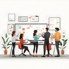 Coworkers Collaborating and Utilizing Digital Tools in a Modern Office Environment