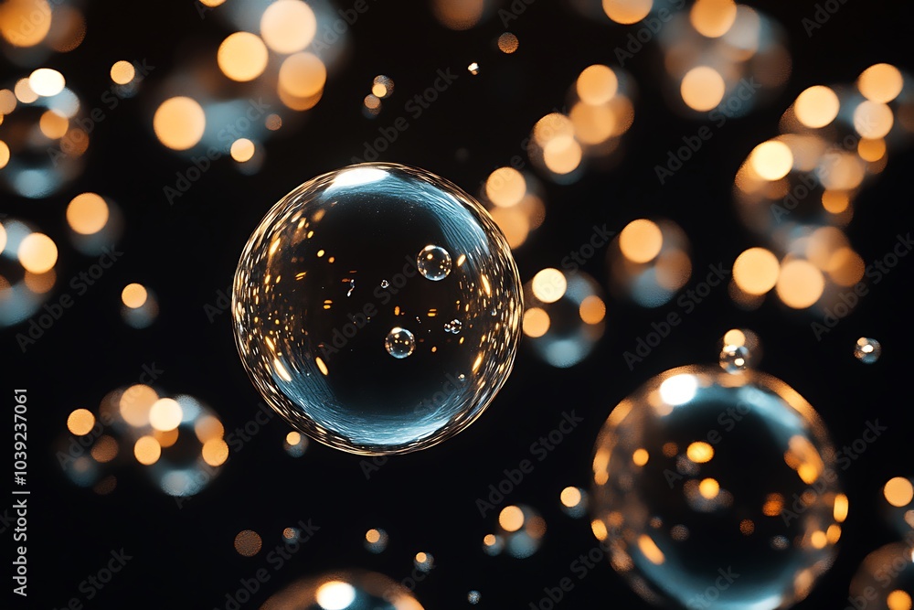 Aufkleber Abstract background with floating shiny spheres and bokeh lights.
