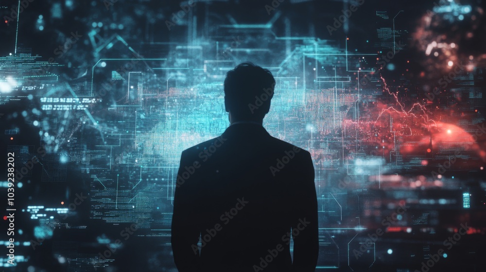Aufkleber businessman analyzing data with digital interface