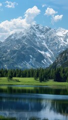 Beautiful alpine landscape with lake and mountains in background, Switzerland