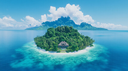 A secluded tropical island with a lush green interior and a beautiful white sand beach.