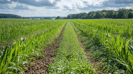 Fototapeta premium A no-till farming field with cover crops protecting the soil, reducing erosion and promoting natural soil regeneration without disturbing the earth, showing healthy, deep-rooted plants