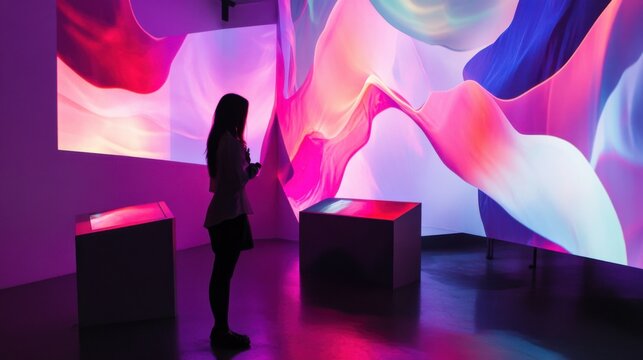 An artist creating digital sculptures and immersive art installations using projection mapping and interactive LED displays in a contemporary gallery, Modern lifestyle scene
