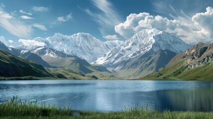 Fototapeta premium Beautiful mountain landscape with lake and snow-capped mountains.