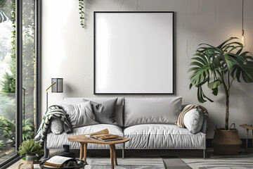 A modern living room featuring a stylish gray sofa with cushions, a wooden coffee table, and lush indoor plants, creating a serene atmosphere.