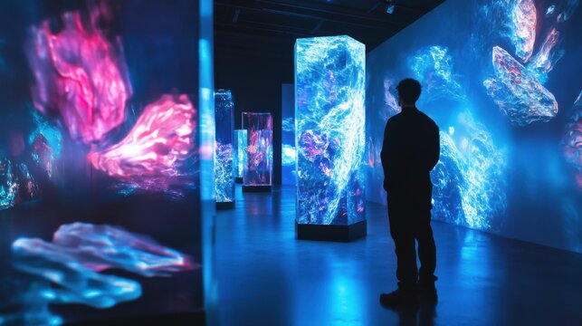 An artist creating digital sculptures and immersive art installations using projection mapping and interactive LED displays in an avant-garde art gallery, Modern lifestyle scene - Powered by Adobe
