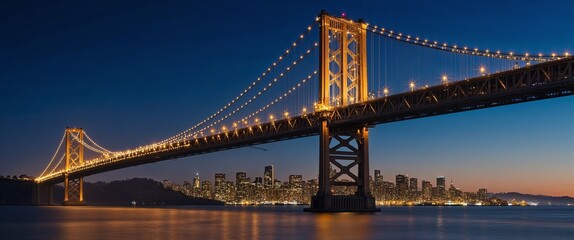 Naklejka premium stunning view of a suspension bridge at dusk