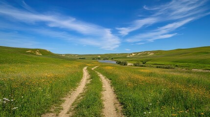 Obraz premium A peaceful countryside trail for horseback riding, crossing gentle hills and fields of wildflowers, with a slow-moving river visible in the distance under a bright blue sky.