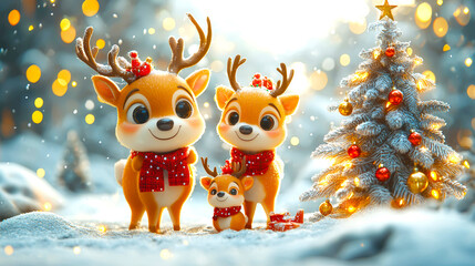 Naklejka premium family of 3D reindeer characters joyfully celebrating Christmas in snowy landscape, surrounded by beautifully decorated tree and sparkling lights