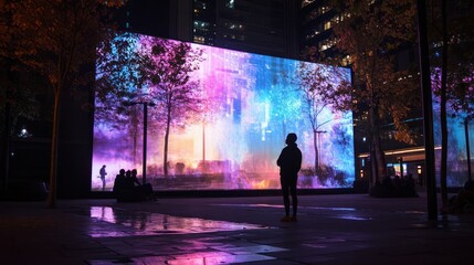 A powerful performance art piece in an urban square where a solo artist interacts with projected visuals and soundscapes, expressing a story through slow, deliberate movements.