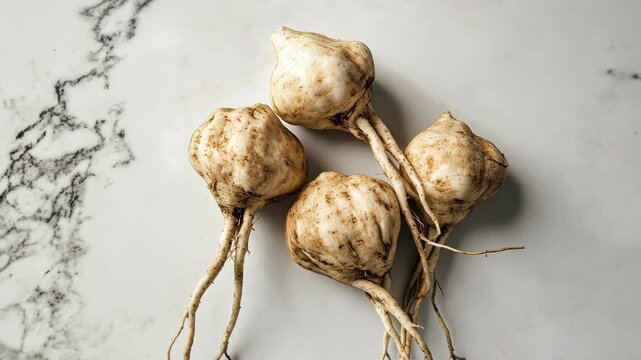 Four Maca roots sit on a marble countertop