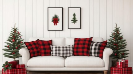 Living room with plaid Christmas decor, rustic holiday charm, 3D illustration