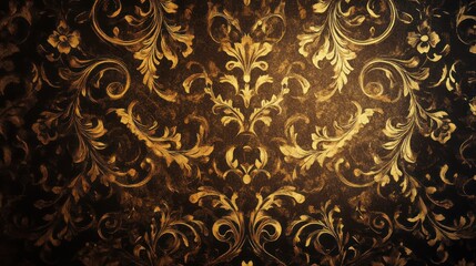 A rich, vintage wallpaper featuring an intricate gold floral pattern, with detailed swirls and baroque-style motifs shining softly under antique lighting.