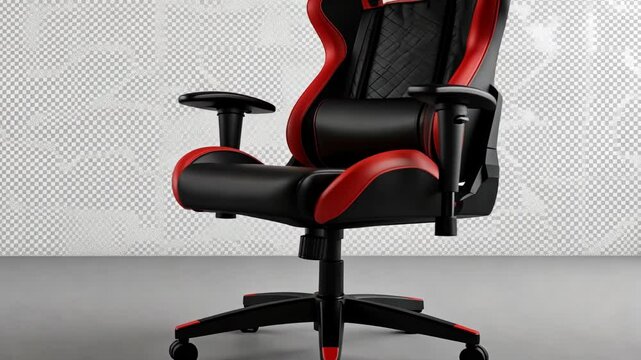 A red and black gaming chair with a headrest and lumbar support
