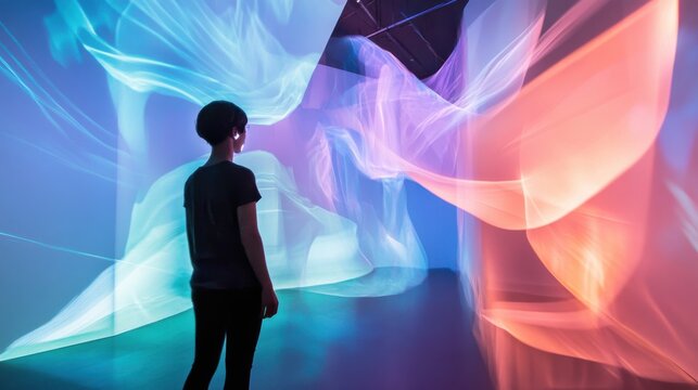 An artist creating digital sculptures and interactive installations using projection mapping and motion sensors in a contemporary art museum, Modern lifestyle scene, Interactive digital art style