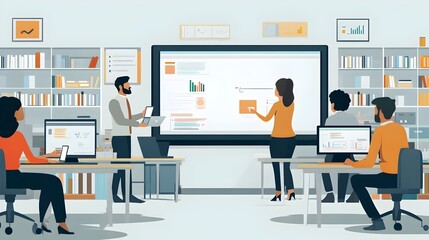 Naklejka premium Collaborative Office Setting with Professionals Using Digital Devices for Presentation and Analysis