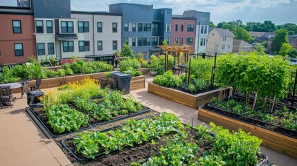 A rooftop garden in an urban neighborhood, complete with composting bins, vertical gardens, and seating areas, where locals grow fresh produce and connect with each other.