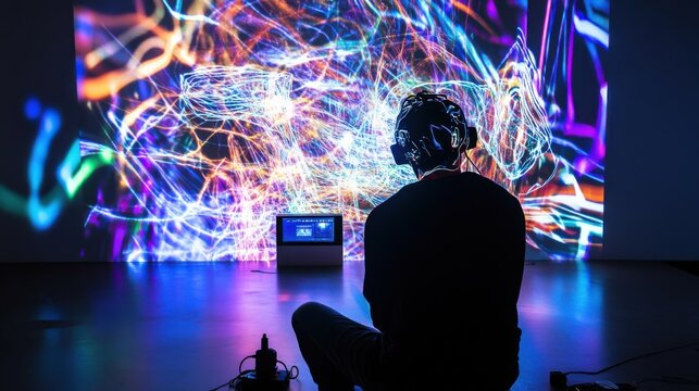 An artist creating digital sculptures and interactive installations using projection mapping and motion sensors in an experimental art gallery, Modern lifestyle scene