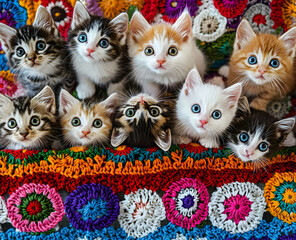 Cute Images - A group of adorable kittens sitting together on a vibrant, colorful crocheted blanket.
