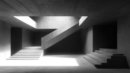 A modern, minimalist interior featuring geometric staircases and stark lighting contrasts.