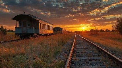 Obraz premium A rural train station at dusk, with a lone, antique train car sitting on the tracks, and the golden countryside stretching out into the distance as the sun sets.