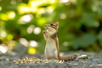 Obraz premium Cute Images - A chipmunk stands upright, holding food, surrounded by a blurred green background.