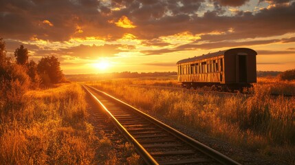 A rural train station at dusk, with a lone, antique train car sitting on the tracks, and the golden countryside stretching out into the distance as the sun sets.