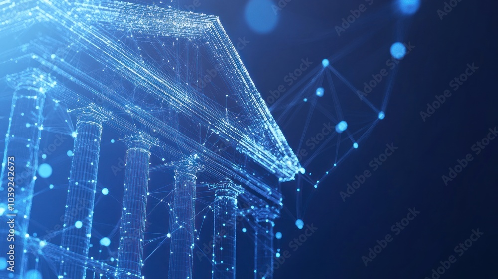 Poster digital representation of a classical building symbolizing technology and finance.