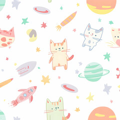 Cute Images - A whimsical pattern featuring cute cats, rockets, and planets in pastel colors.