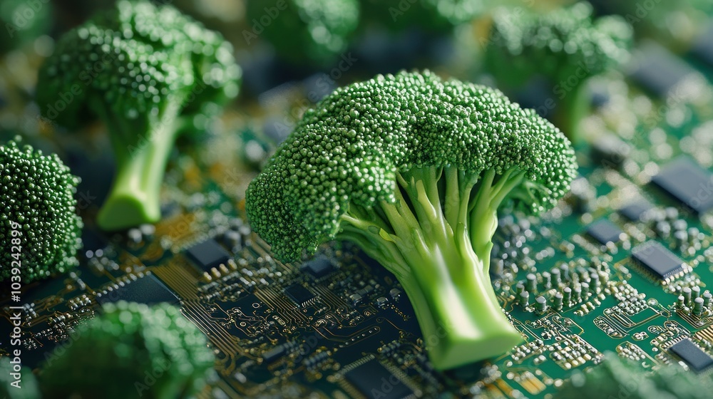 Poster a surreal blend of broccoli and a circuit board, merging nature with technology.