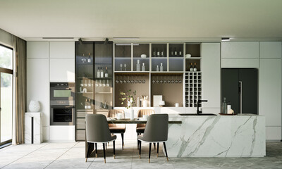 Interior of dining room with table, wine cabinet 