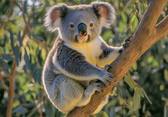 Cute Images - A koala clings to a tree branch amidst green leaves, showcasing its natural habitat.