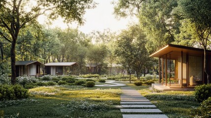 Fototapeta premium A secluded countryside retreat designed for meditation, with small, simple huts spaced around a central Zen garden, offering a quiet escape from the world.