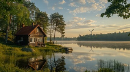 Obraz premium A serene off-the-grid cottage by a remote countryside lake, with a small windmill and a wood-burning stove, the ultimate escape from modern life, surrounded by untouched nature.