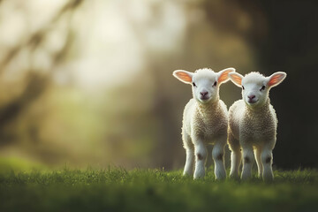 Obraz premium Cute Images - Two adorable lambs standing together in a serene, natural setting.