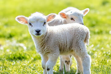 Obraz premium Cute Images - Two playful lambs in a sunny green field, showcasing the innocence of nature.