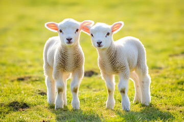 Cute Images - Two adorable lambs standing together in a grassy field under soft sunlight.