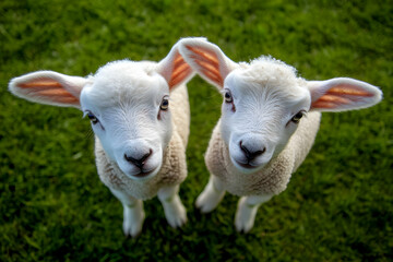 Obraz premium Cute Images - Two playful lambs standing together on green grass.