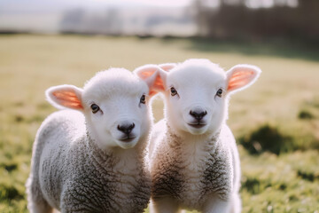 Obraz premium Cute Images - Two playful lambs in a sunny field, showcasing their innocence and charm.
