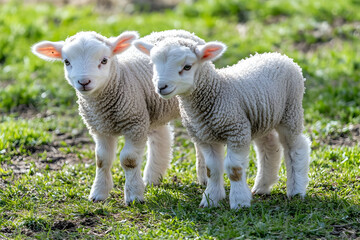 Cute Images - Two adorable lambs standing on green grass in a sunny pasture.