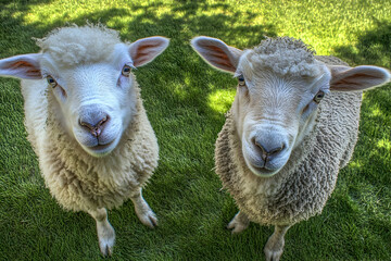 Cute Images - Two fluffy sheep standing on green grass, looking curiously at the viewer.