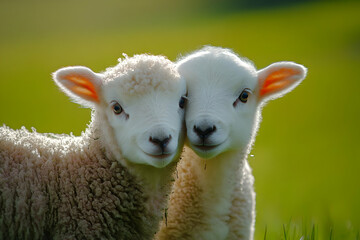 Cute Images - Two adorable lambs nuzzling together in a lush green field.