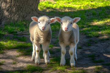 Cute Images - Two adorable lambs stand together in a grassy area under a tree.