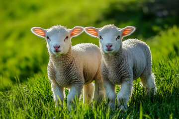 Cute Images - Two adorable lambs standing in a lush green field, showcasing nature's beauty.