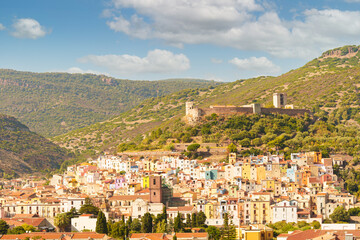 Panoramic view of the Sardinian village of Bosa with its castle