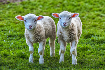 Cute Images - Two adorable lambs standing together in a grassy field.