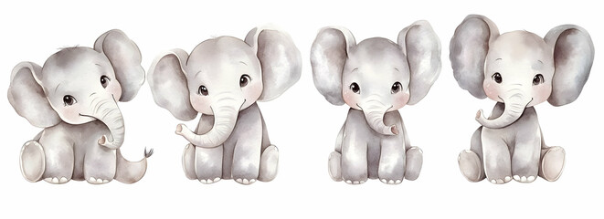 Cute Images - Four cute watercolor elephants sitting playfully.