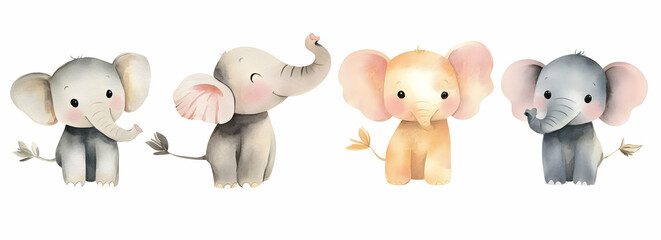 Cute Images - A charming illustration of four cute elephants in soft colors, ideal for children's decor.